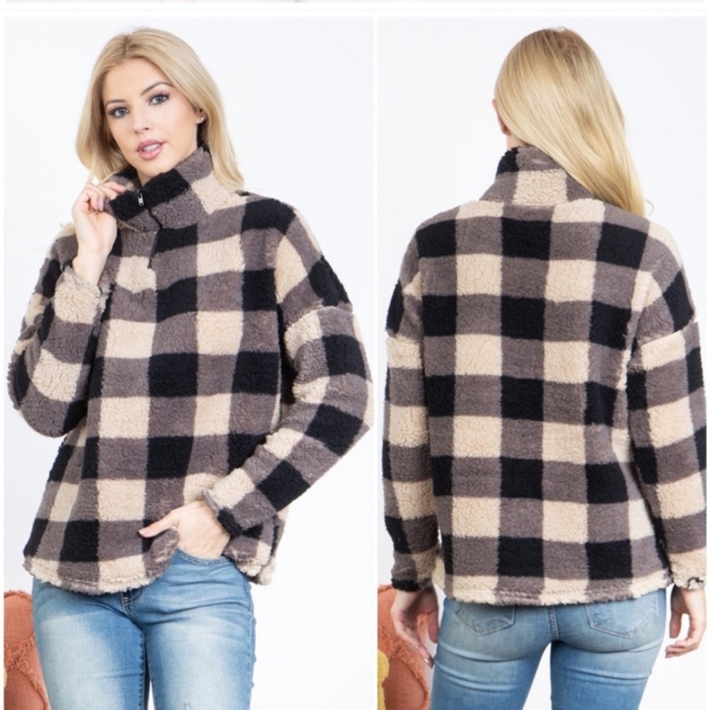 Perfect Peach Buffalo Plaid Teddy Half Zip Pullover Jacket W-391